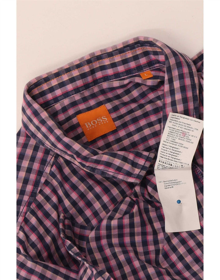 Męska koszula z krótkim rękawem Hugo Boss, duża, granatowa, bawełniana kratka