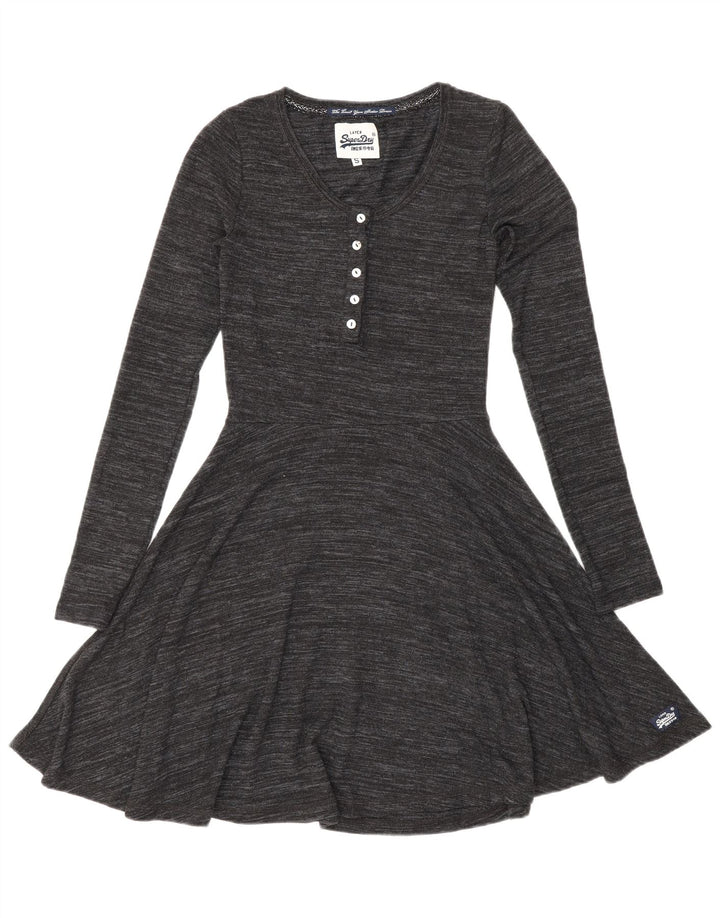 Damska sukienka o linii A z długim rękawem Superdry UK 8 Small, szara, nakrapiana wiskoza