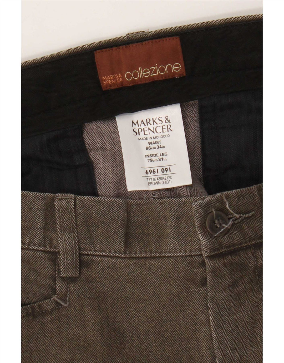 Marks & Spencer Męskie proste spodnie codzienne W34 L31 Brązowe w jodełkę
