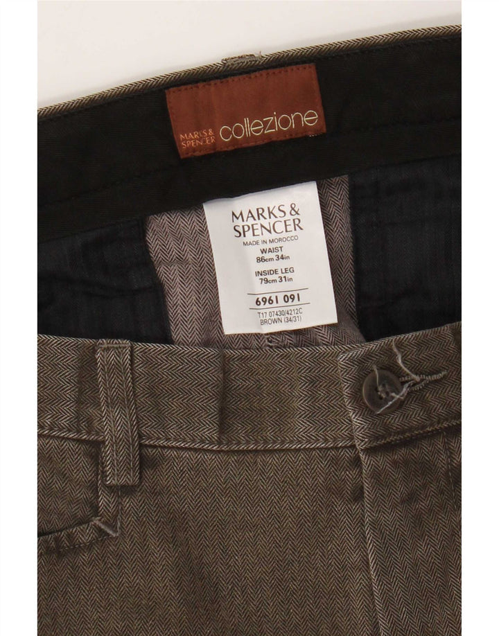 Marks & Spencer Męskie proste spodnie codzienne W34 L31 Brązowe w jodełkę