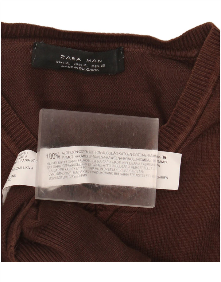 Męski sweter Zara z dekoltem w kształcie litery V, XL, brązowy, bawełniany