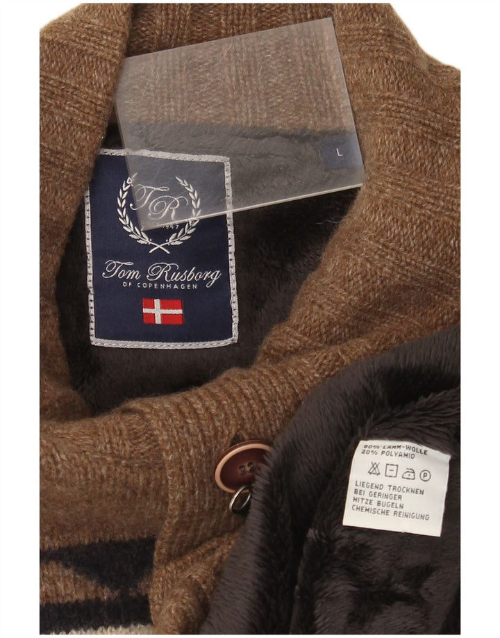 Tom Rusborg Męski sweter Sherpa Cardigan, duży brązowy, wełniany blok kolorów