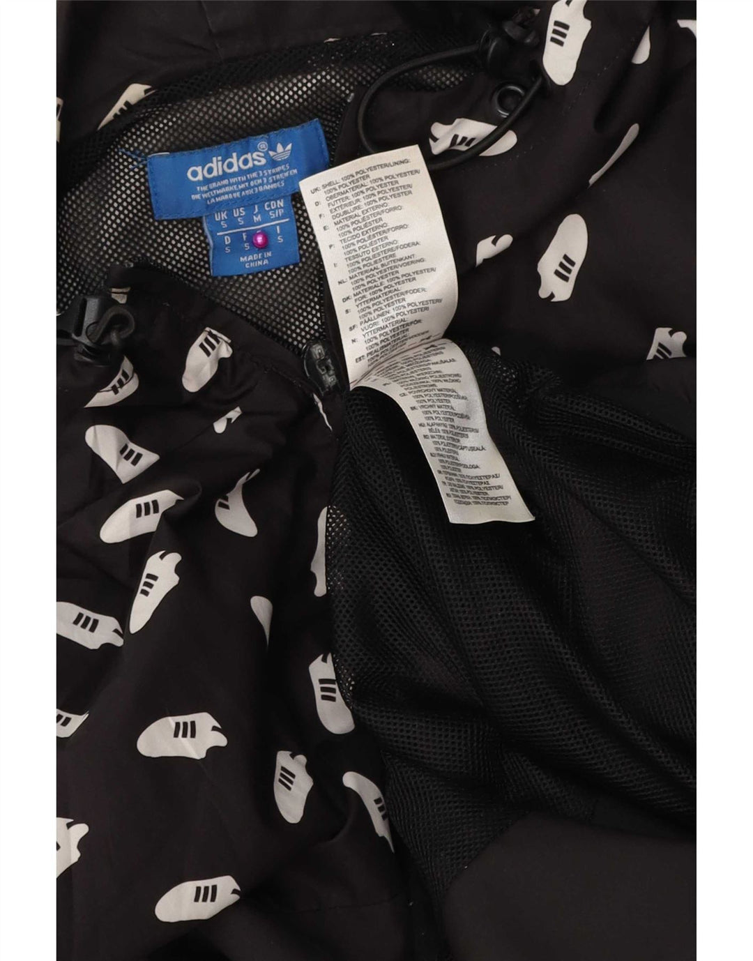 Męska kurtka przeciwdeszczowa Adidas z kapturem i grafiką UK 36, mała, czarna, poliester