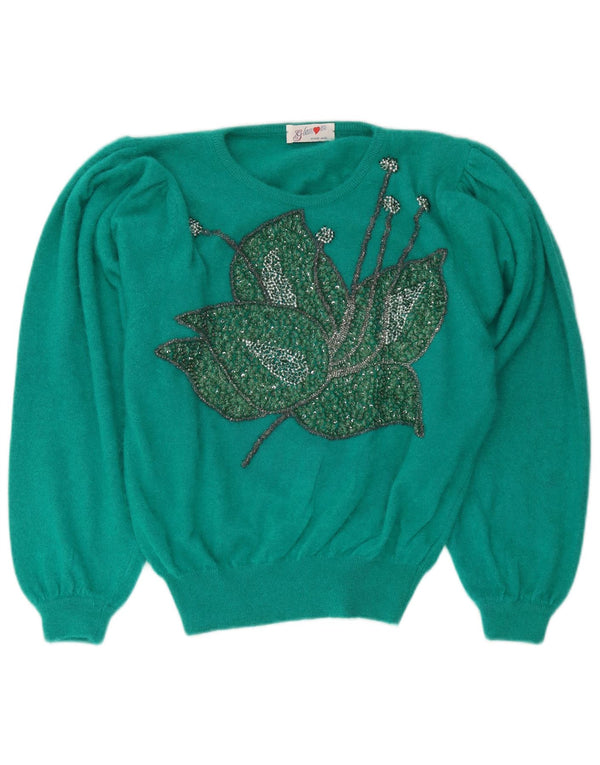 Vintage damski sweter z wycięciem pod szyją, UK 14, średni, zielony, kwiatowy