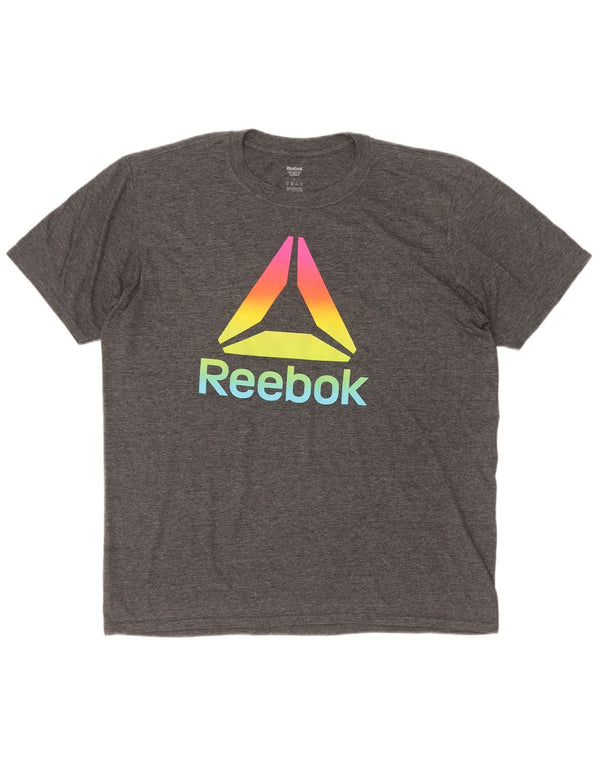 Męska koszulka Reebok z grafiką, duża, szara, poliestrowa