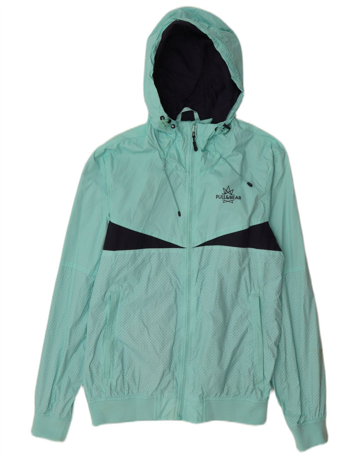 Męska kurtka przeciwdeszczowa Pull & Bear z kapturem UK 40, duży turkusowy nylon z blokami kolorów
