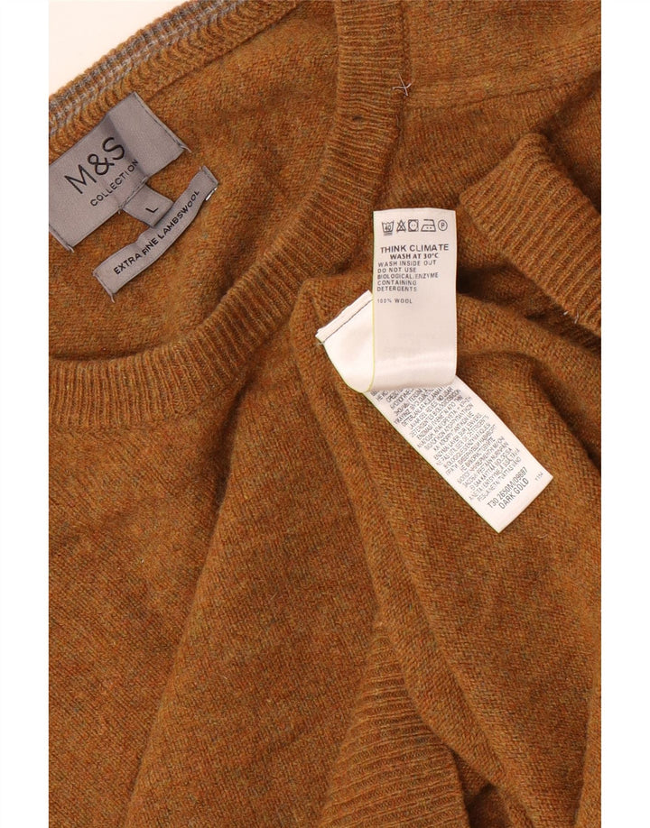 Marks & Spencer Męski sweter z okrągłym dekoltem, duży, brązowy, wełniany w plamki