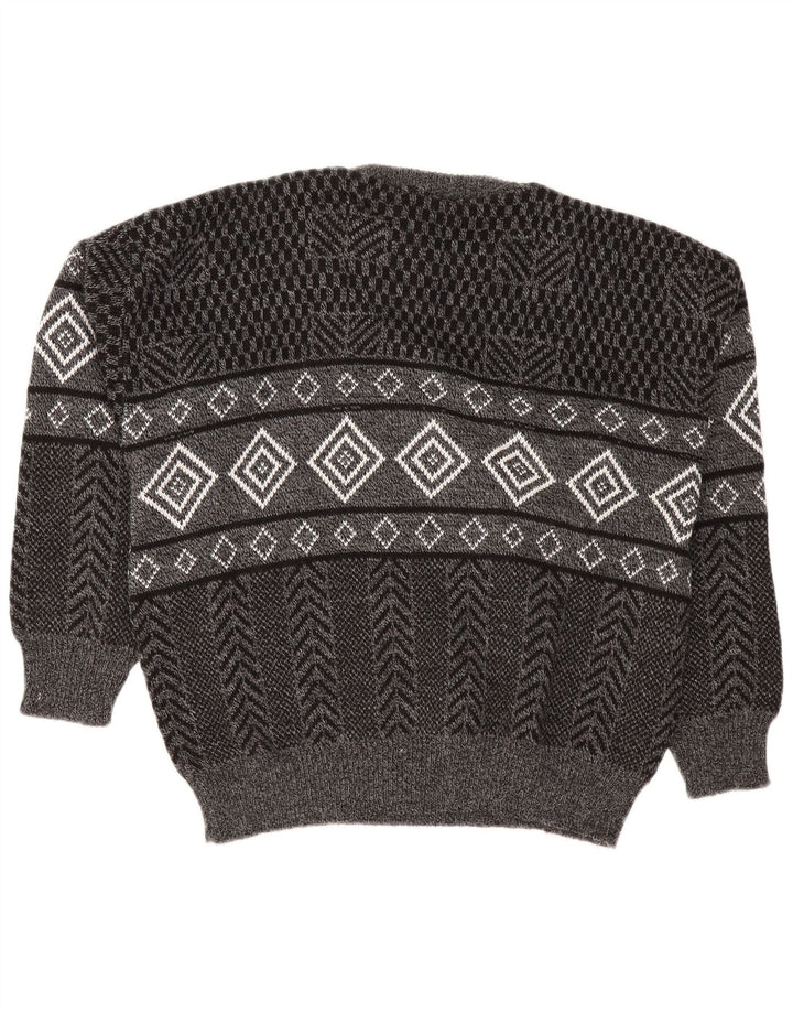 Vintage męski sweter z wycięciem pod szyją, duży, szary Argyle/diamentowy akryl