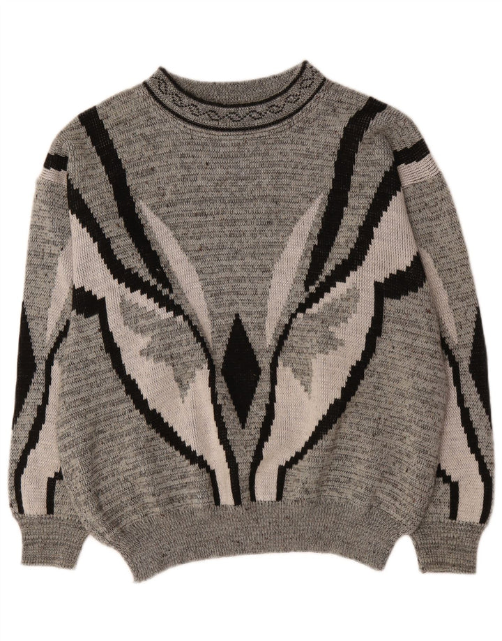 Vintage męski sweter z okrągłym dekoltem IT 52/54, duży szary geometryczny