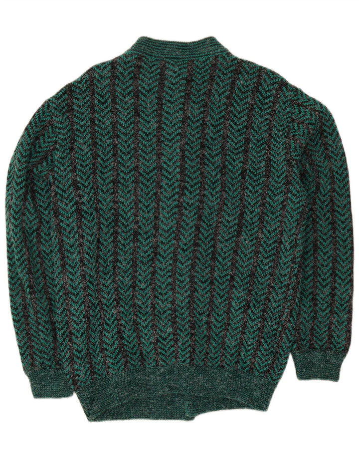 Vintage męski sweter rozpinany o regularnym kroju, średni zielony akrylowy jodełka
