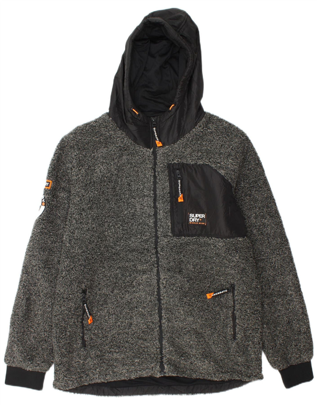 SUPERDRY Męska kurtka polarowa z kapturem UK 44 2XL Szary poliester z blokami kolorów