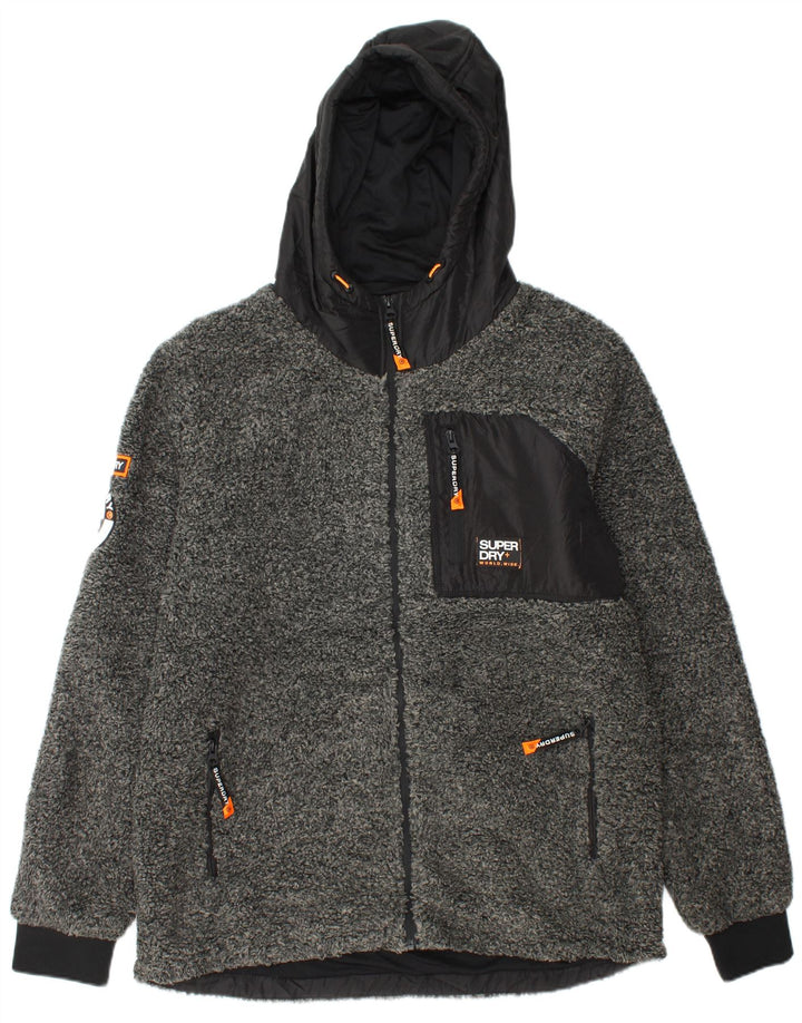 SUPERDRY Męska kurtka polarowa z kapturem UK 44 2XL Szary poliester z blokami kolorów