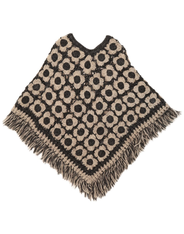 Vintage damski sweter ponczo w jednym rozmiarze, czarny w kwiaty
