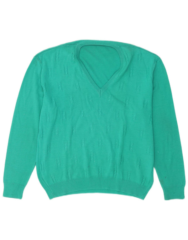Sweter męski w stylu vintage z dekoltem w szpic, duży, turkusowy, wełniany