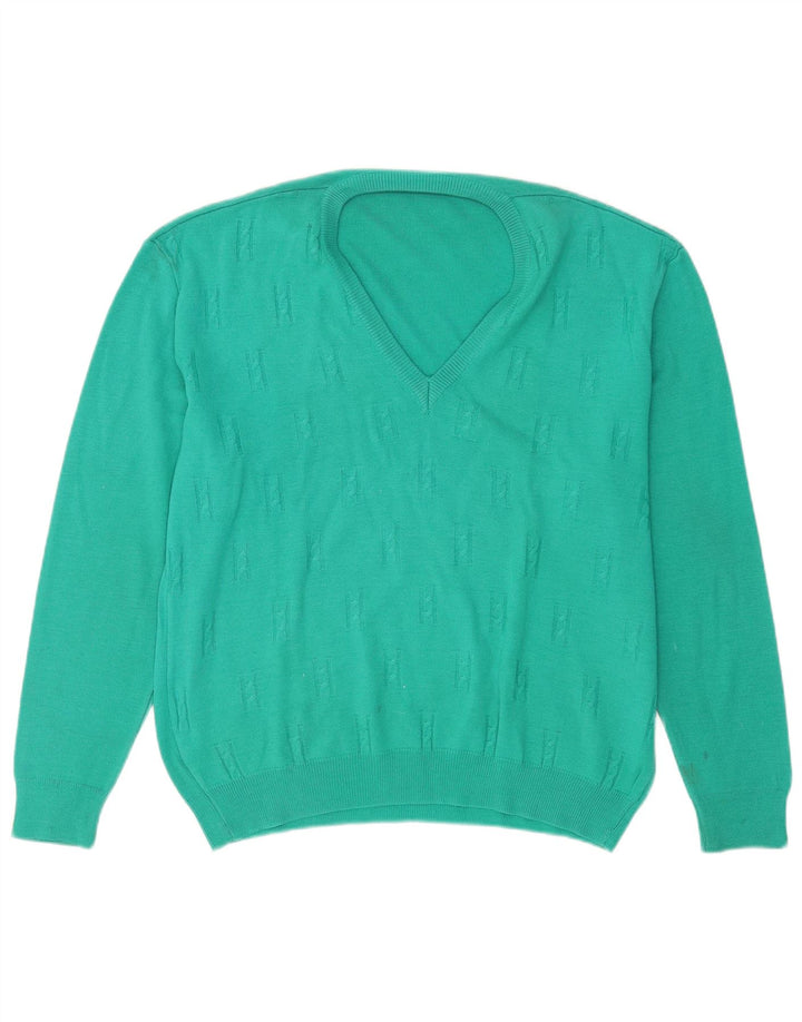 Sweter męski w stylu vintage z dekoltem w szpic, duży, turkusowy, wełniany