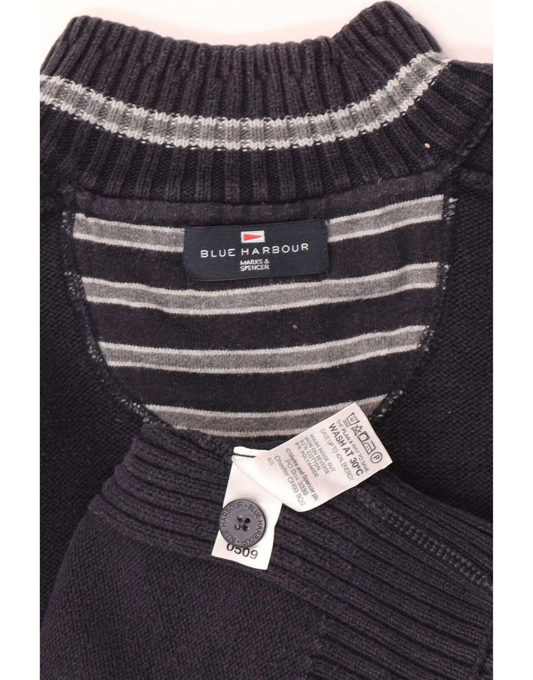 Marks & Spencer Męski niebieski sweter z guzikami przy szyi XL, granatowy, bawełniany
