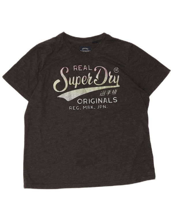 Damska koszulka z grafiką SUPERDRY Top UK 16, duża, szara, nakrapiana bawełna