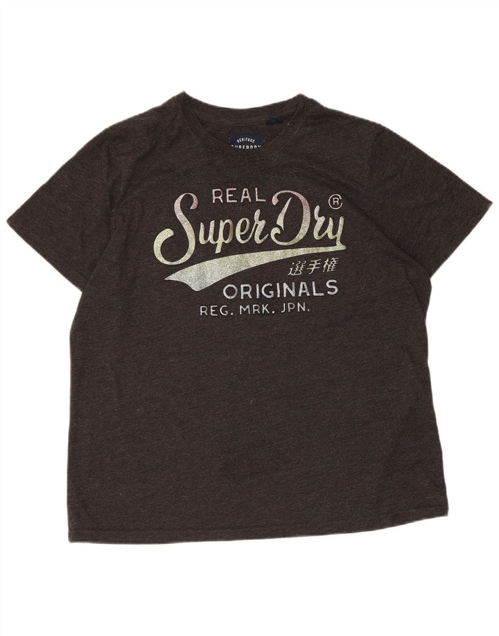 Damska koszulka z grafiką SUPERDRY Top UK 16, duża, szara, nakrapiana bawełna