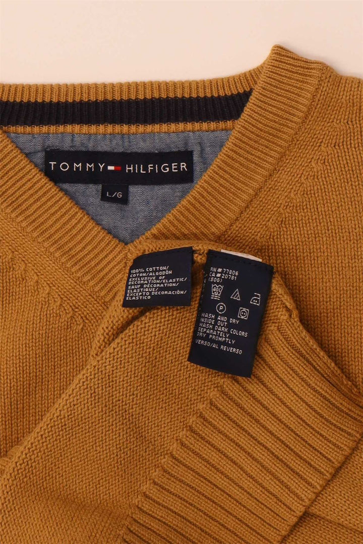 TOMMY HILFIGER Mens V-Neck Jumper Sweater Large Brown Cotton