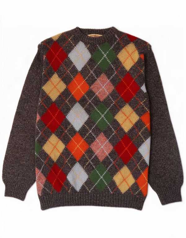 Cotton Belt Mens Crew Neck Jumper Sweater Large Grey Argyle/Diamond Wool