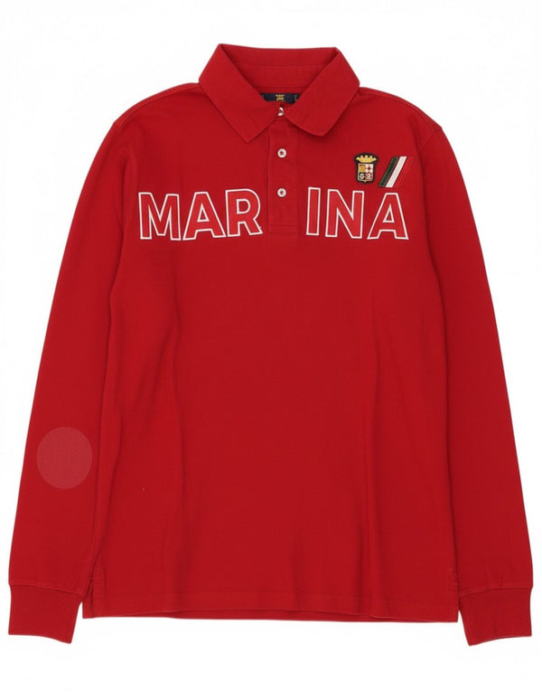 Marina Militare Mens Graphic Long Sleeve Rugby Polo Shirt Small Red Cotton