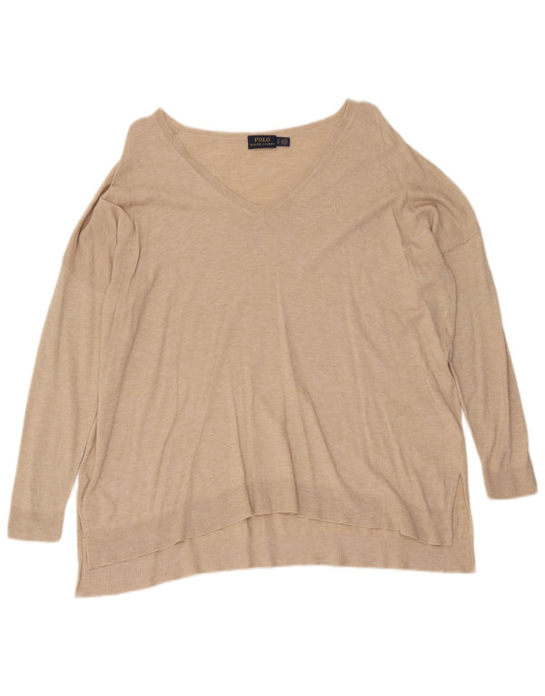 Sweter damski Polo Ralph Lauren, oversize, z dekoltem w kształcie litery V, UK 10, mały beż