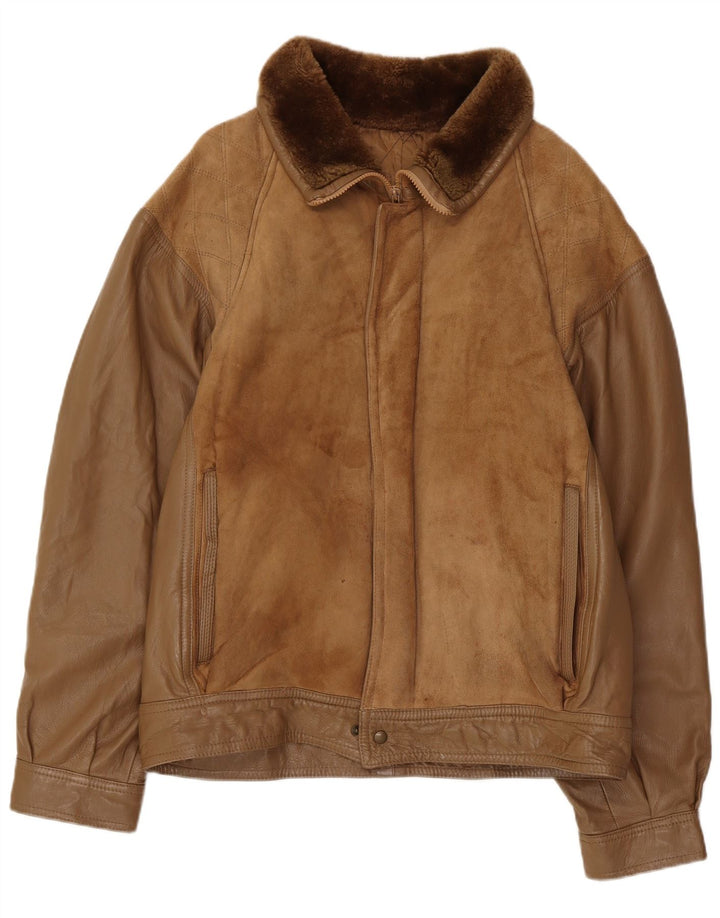 Vintage męska kurtka shearling IT 52 XL brązowa skóra