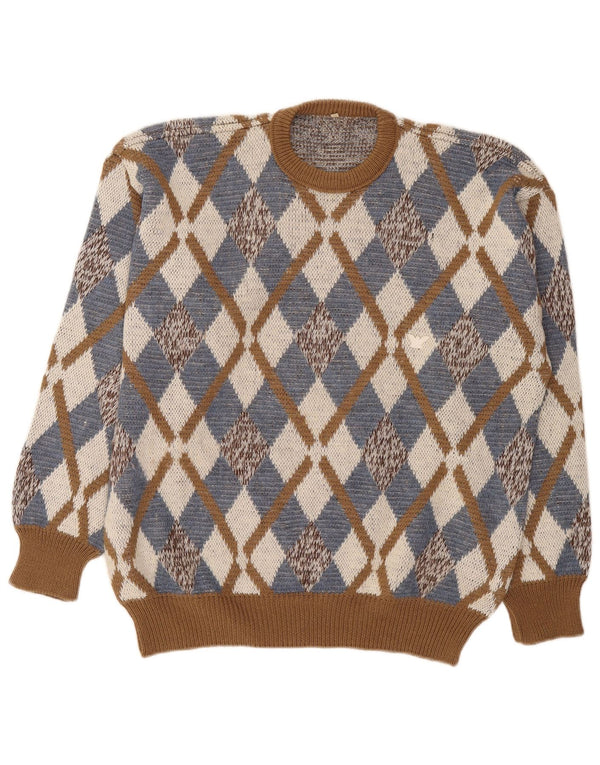Męski sweter w stylu vintage z okrągłym dekoltem IT 52 Duży brązowy Argyle/Diament
