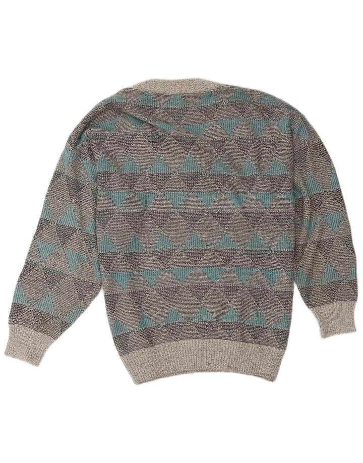 Męski sweter w stylu vintage z dekoltem w szpic, średnioszary, geometryczny, bawełniany