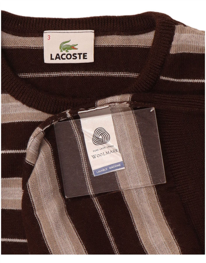 Męski sweter Lacoste z okrągłym dekoltem, rozmiar 3, mała wełniana w brązowe paski