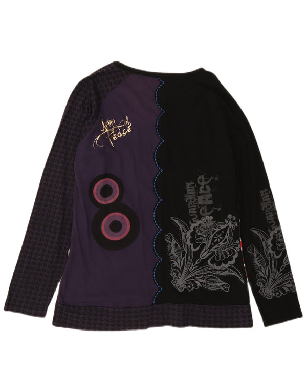 Vintage damski graficzny top z długim rękawem, UK 12, średni fiolet, blok kolorów