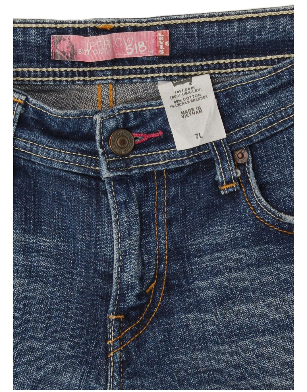 Damskie spodenki jeansowe Levi's 518 z niskim stanem, rozmiar 7, średnie W30, niebieska bawełna