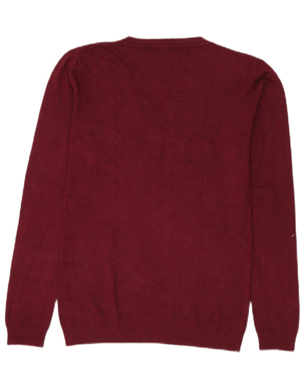 Damski sweter Guess z graficznym dekoltem w kształcie litery V, UK 14, duży, bordowy