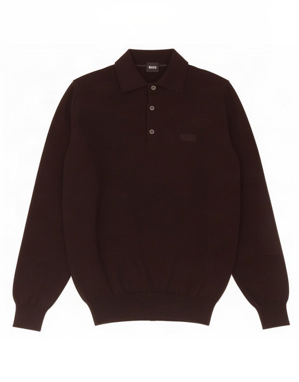 Męski sweter polo Hugo Boss, mały, brązowy, z dziewiczej wełny