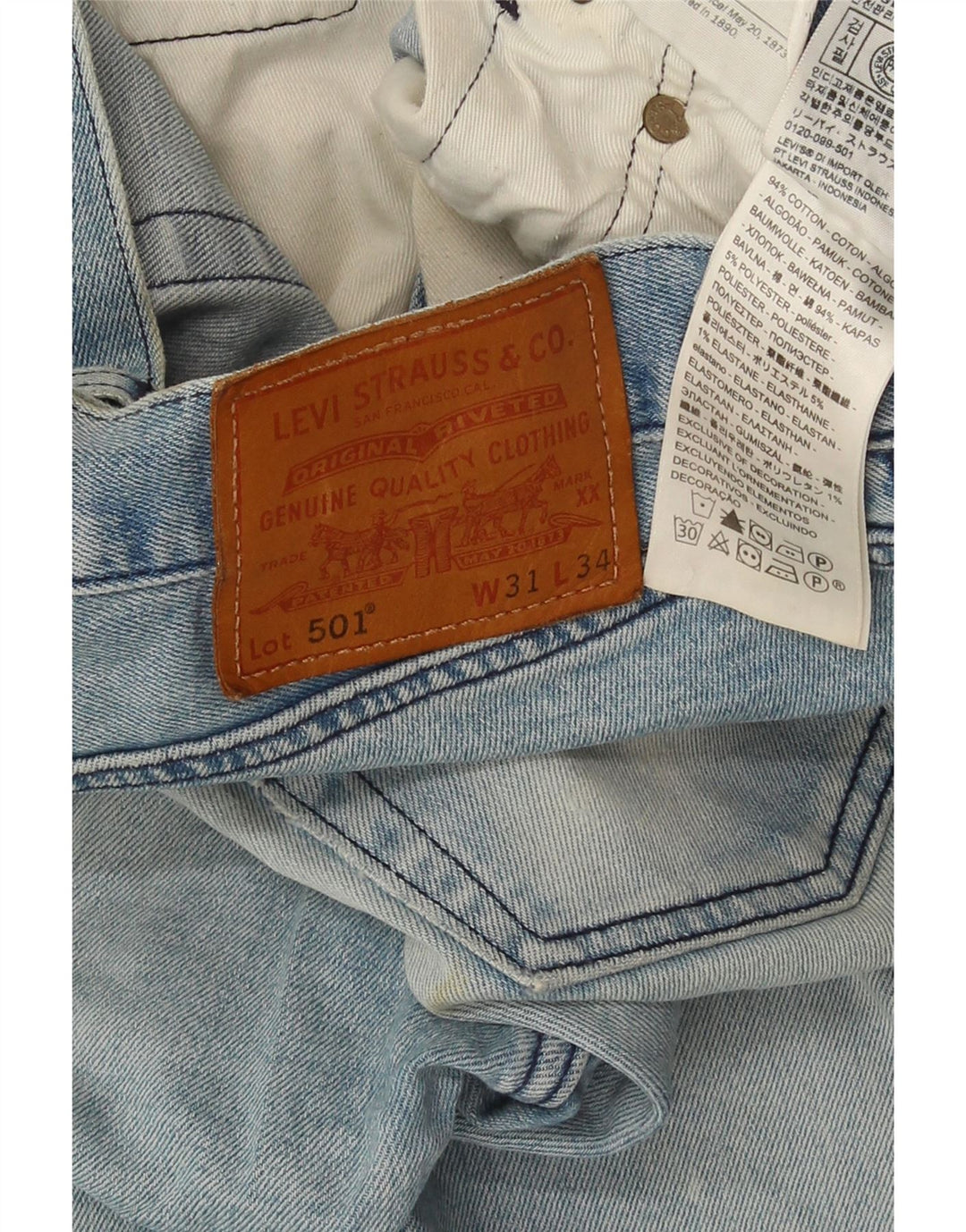 Męskie jeansy Levi's 501 w trudnej sytuacji, proste W31 L34, niebieska bawełna