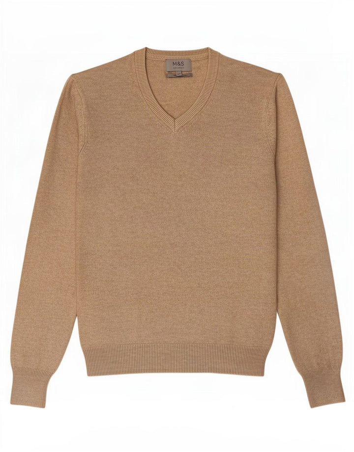 Marks & Spencer Męski sweter z dekoltem w kształcie litery V XS, beżowy, bawełniany