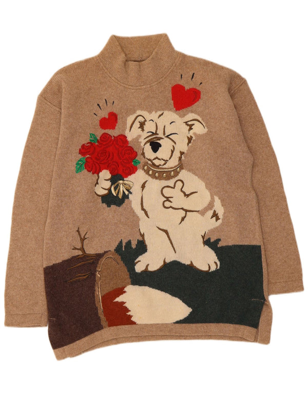 Vintage damski sweter z golfem z grafiką UK 16, duży beż