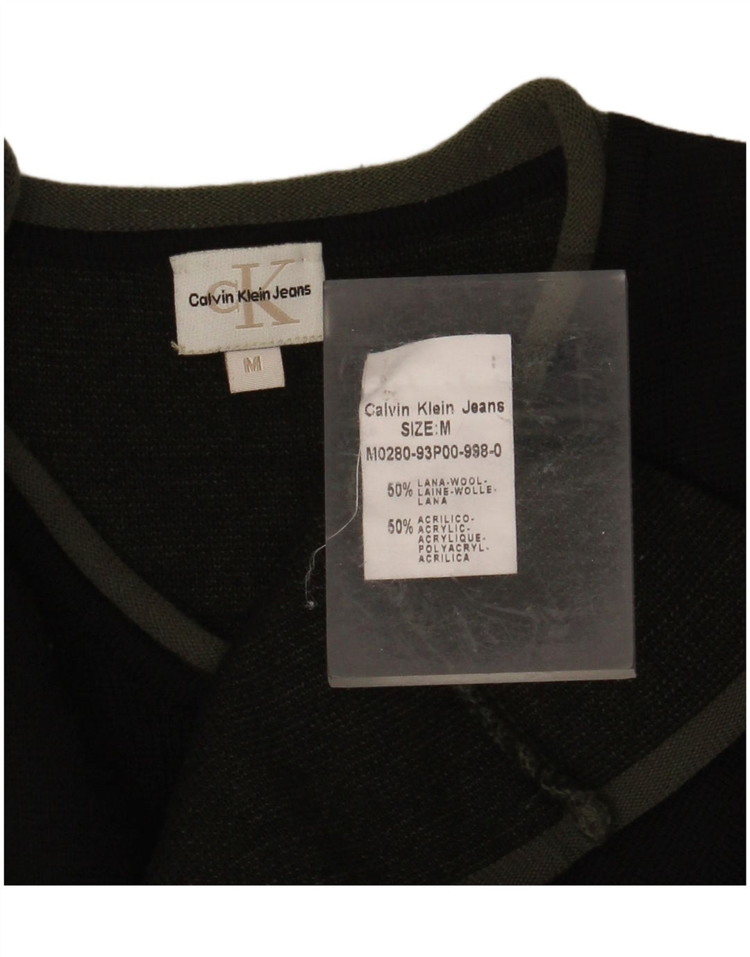 CALVIN KLEIN JEANS Męski sweter z dekoltem w kształcie litery V, średniej wielkości czarna wełna