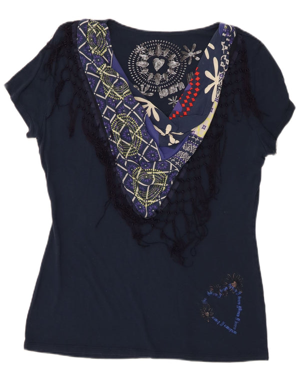 Damska koszulka graficzna Desigual Top UK 18 XL granatowa patchworkowa