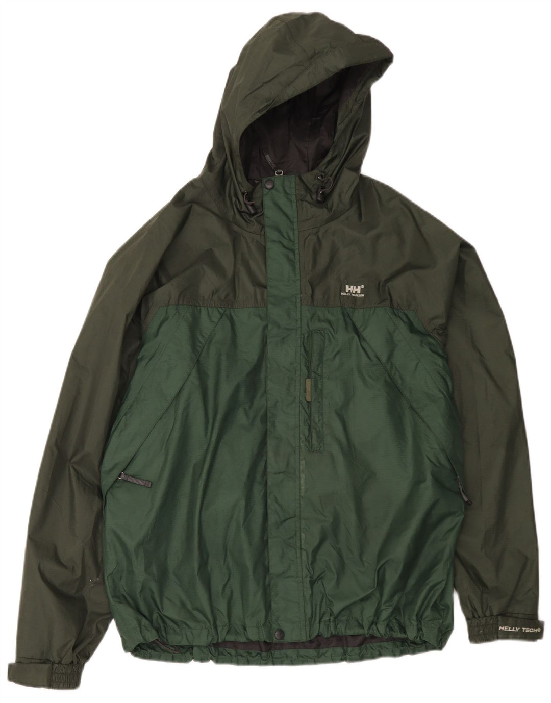 Męska kurtka przeciwdeszczowa z kapturem Helly Hansen UK 40, duża, zielona, nylonowa w bloki kolorów