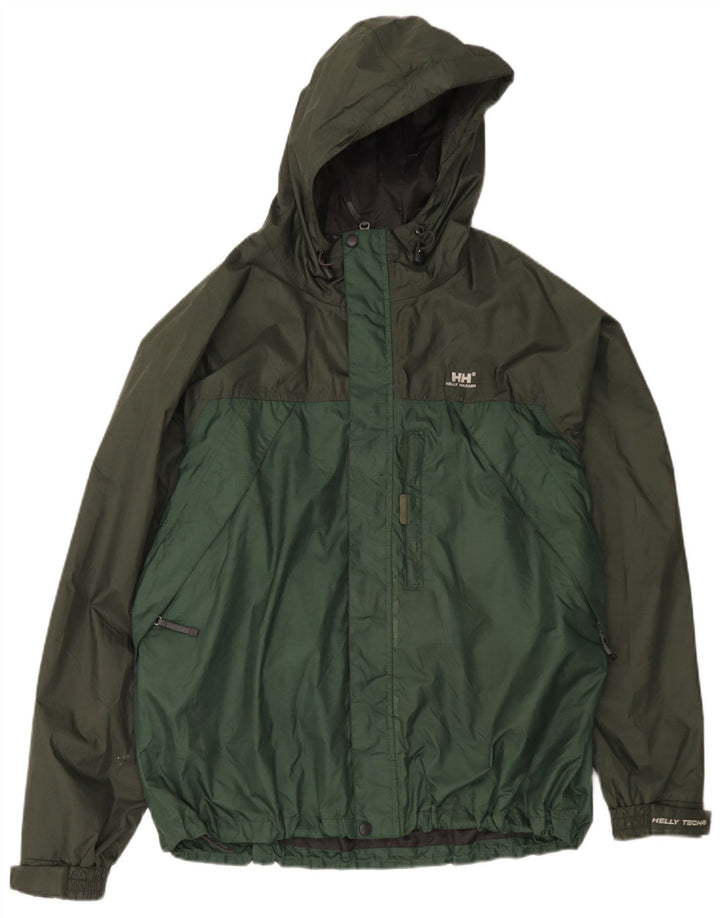 Męska kurtka przeciwdeszczowa z kapturem Helly Hansen UK 40, duża, zielona, nylonowa w bloki kolorów