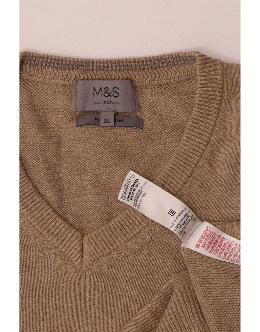 Marks & Spencer Męski sweter z dekoltem w kształcie litery V, XL, beżowy, bawełniany