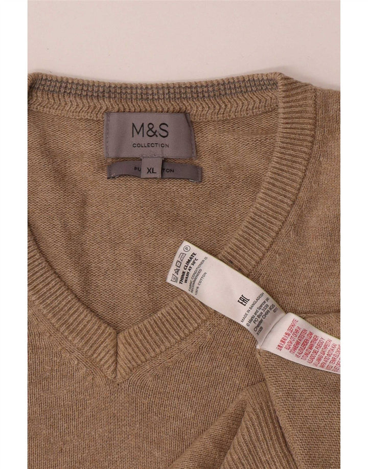 Marks & Spencer Męski sweter z dekoltem w kształcie litery V, XL, beżowy, bawełniany