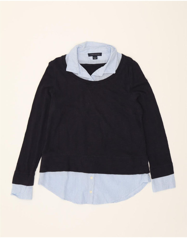 TOMMY HILFIGER Womens Pullover Shirt UK 12 Medium Navy Blue Colourblock Vintage Tommy Hilfiger and Second-Hand Tommy Hilfiger from Messina Hembry 