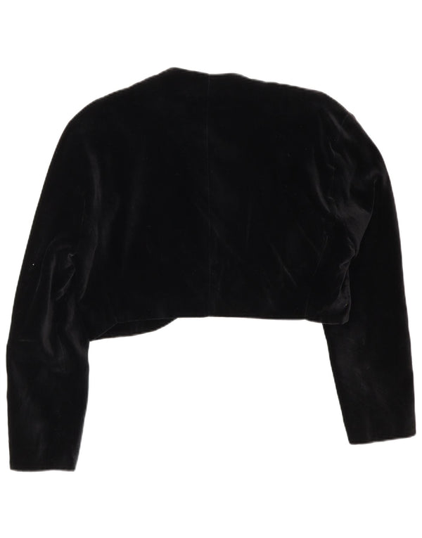 Vintage damska, oversize'owa, otwarta aksamitna bolerko UK 10, mała czarna bawełna