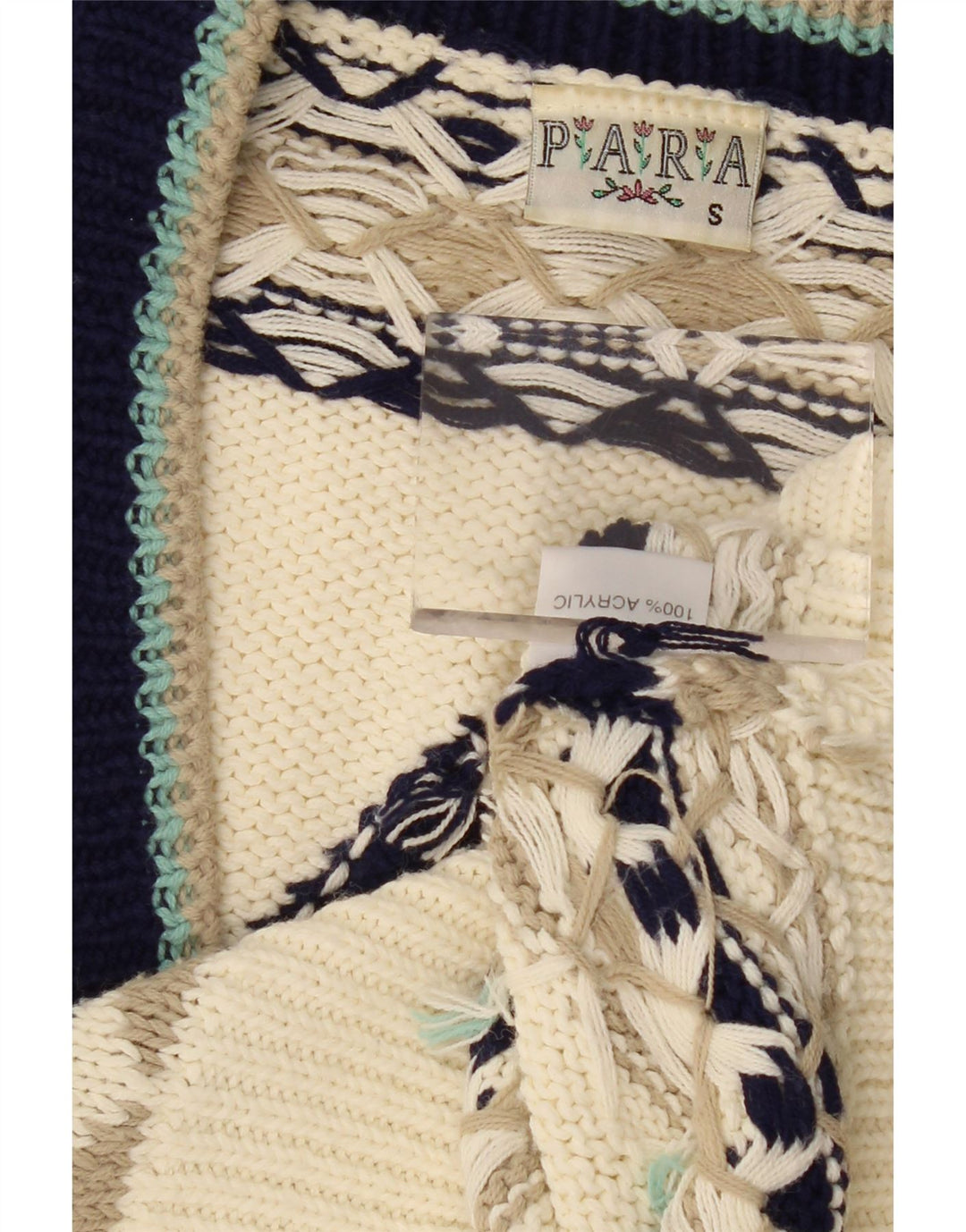 Damski sweter oversize VINTAGE UK 10, mały, w kolorze złamanej bieli, geometryczny