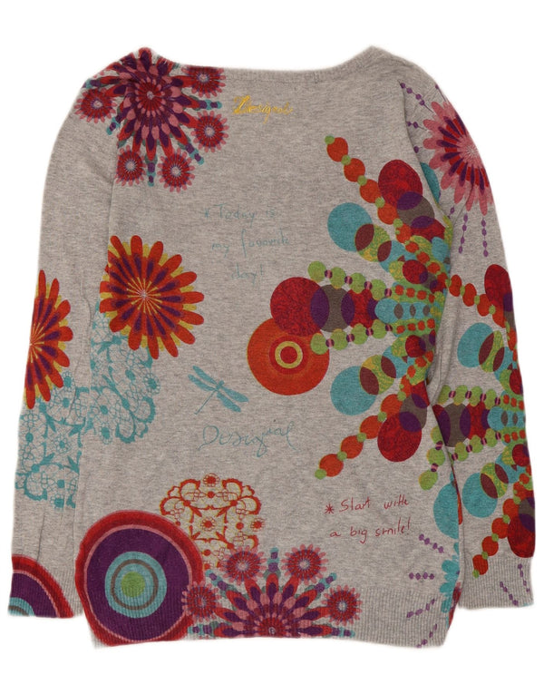 Damski sweter Desigual z graficznym dekoltem w łódkę UK 10, mały, szary w kwiaty