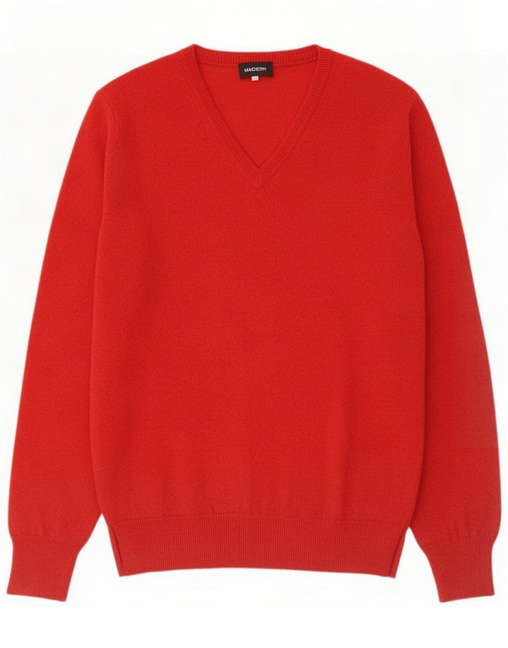 Męski sweter w stylu vintage z dekoltem w kształcie litery V, duży, czerwony, wełniany