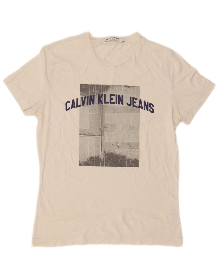 Męska koszulka z grafiką Calvin Klein Jeans, średnia, biała bawełna