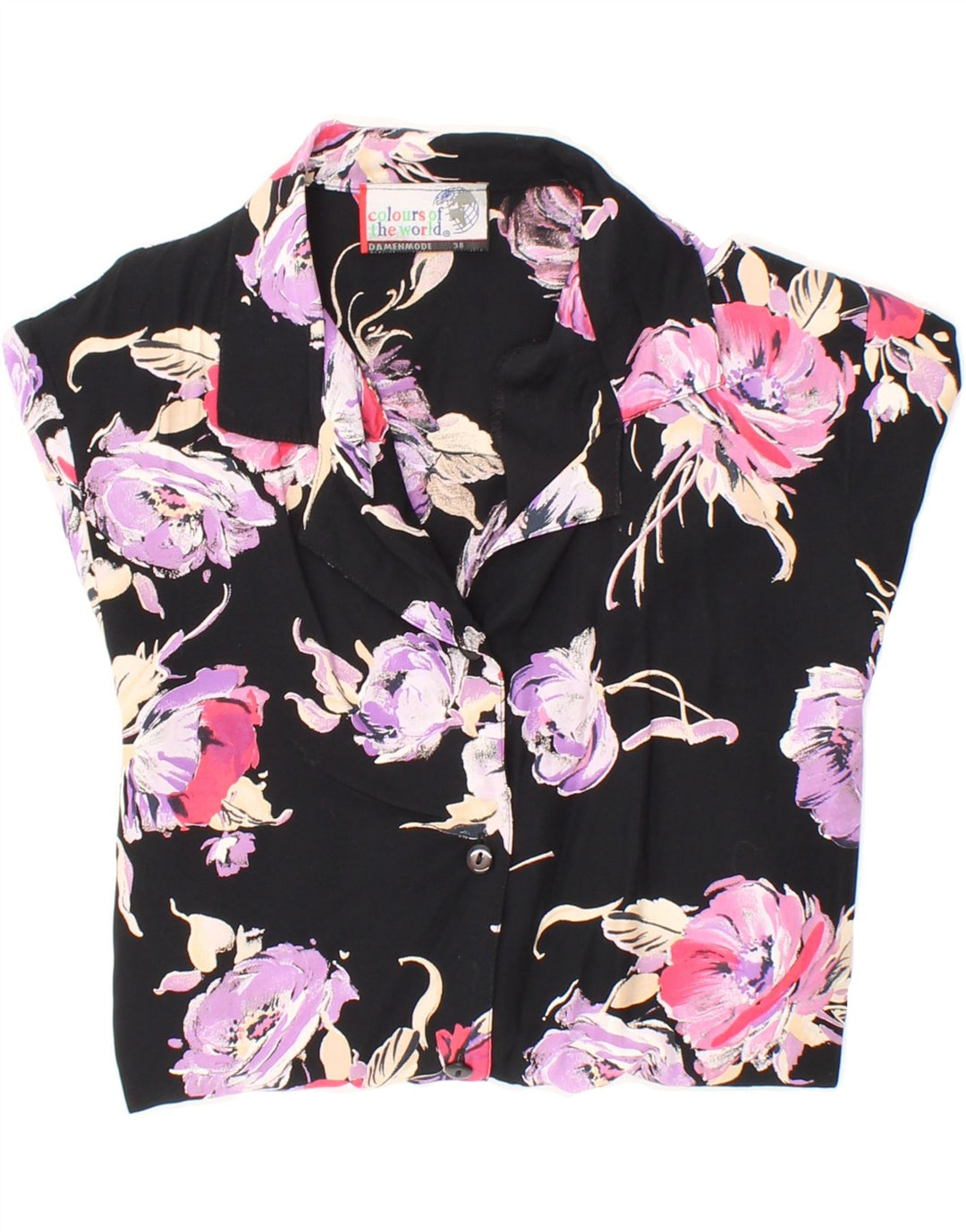 VINTAGE Womens Short Sleeve Shirt EU 38 Medium Black Floral Vintage Vintage and Second-Hand Vintage from Messina Hembry 